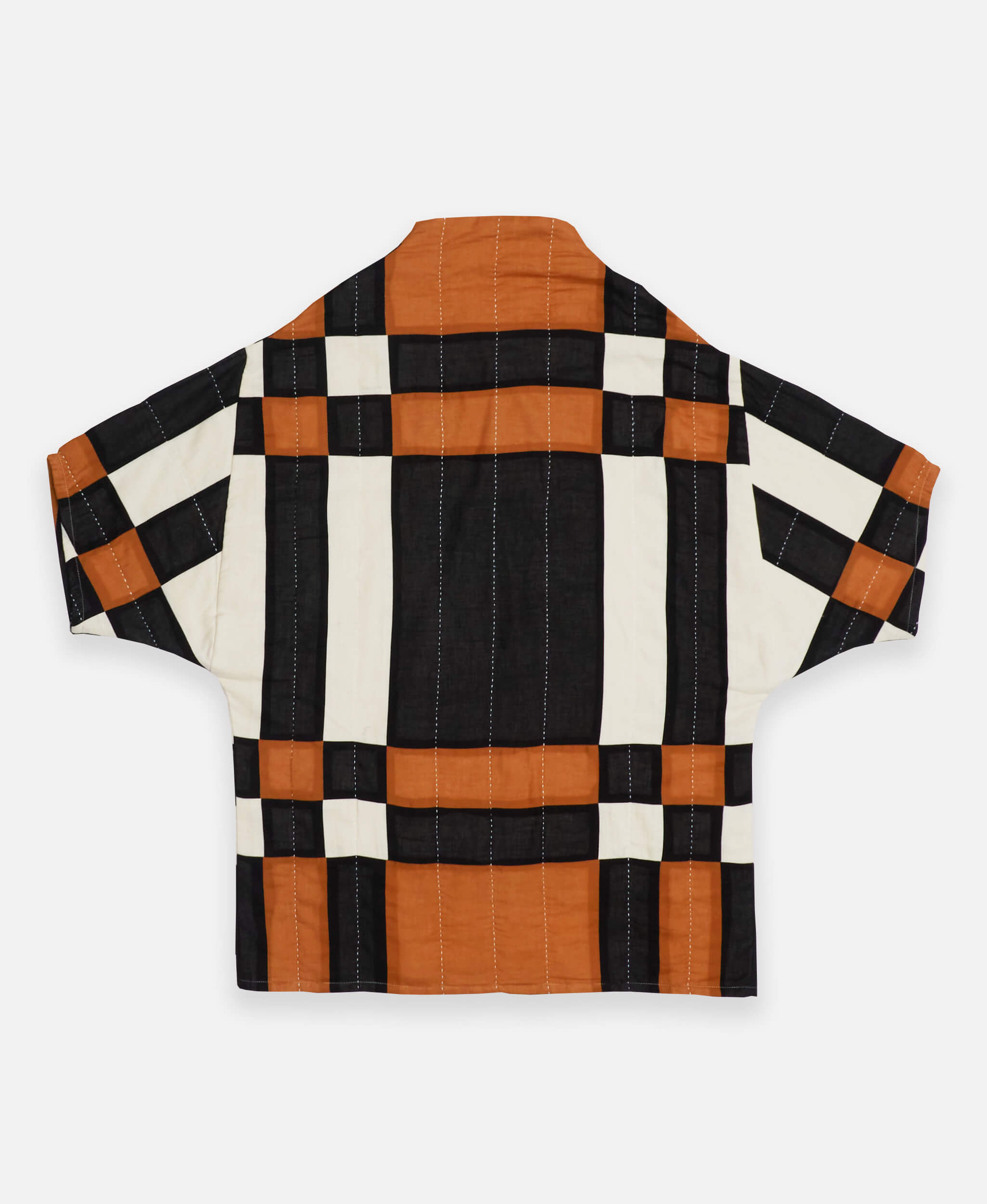 back of patchwork plaid quilted cocoon jacket with short sleeves