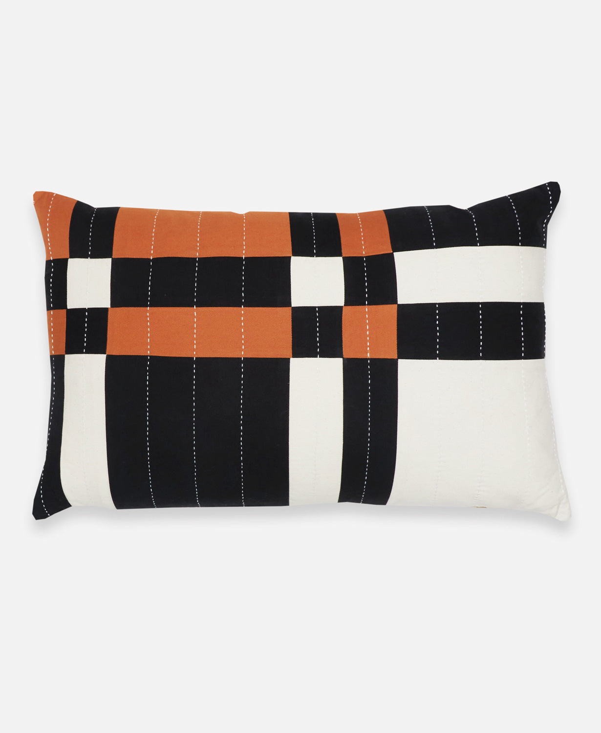 checkered lumbar throw pillow in black, natural white and camel brown