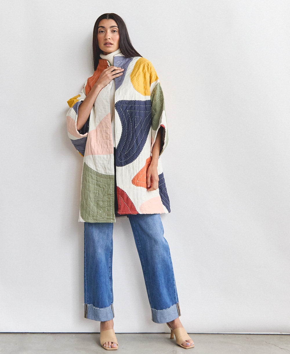 modern quilted jacket made from 100% organic cotton in colorful patchwork design