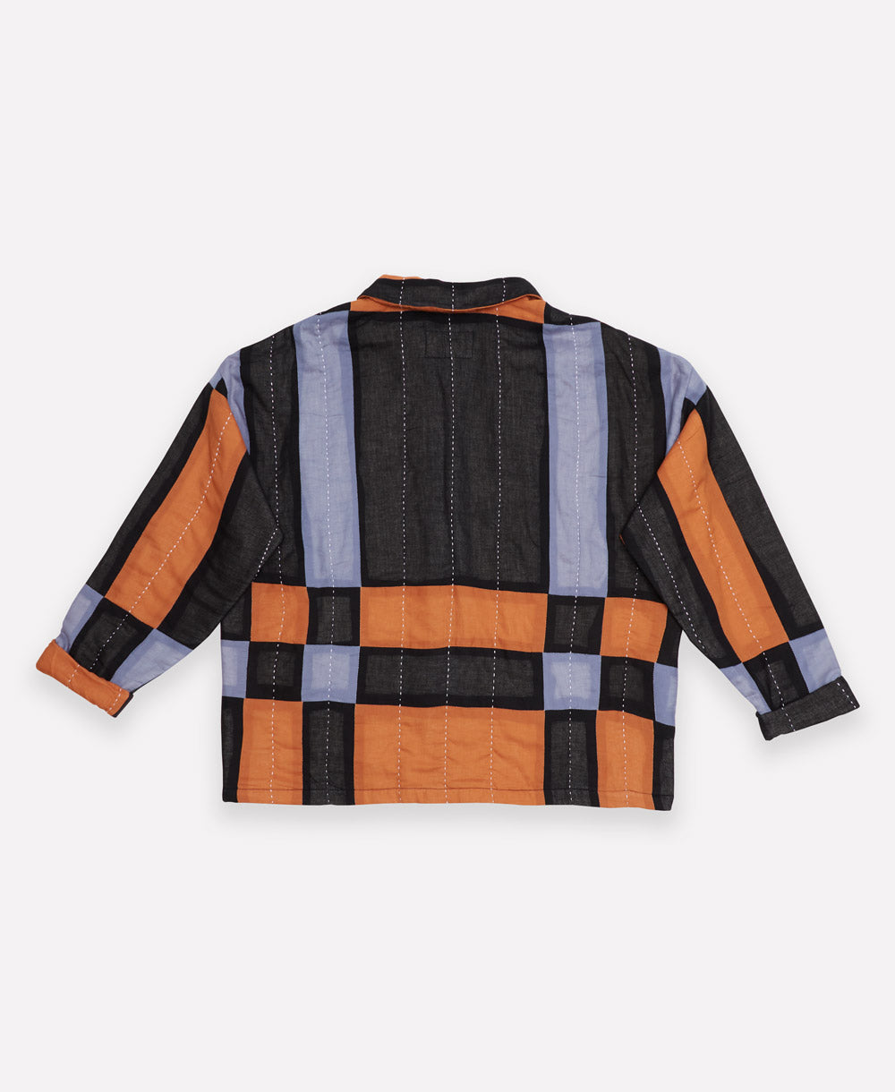 ethically made quilted chore jacket in bold patchwork plaid pattern handmade by women artisans in India