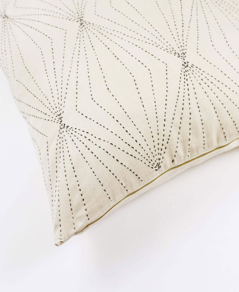 bone natural prism throw pillow with black embroidery and brass tone metal zipper closure