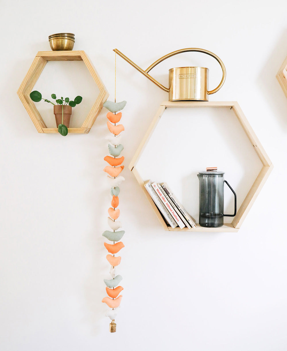 Decorative wall with hexagonal shelves holding a watering can, books, and a small plant