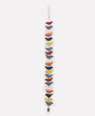 Colorful hanging mobile with various shapes on a white background