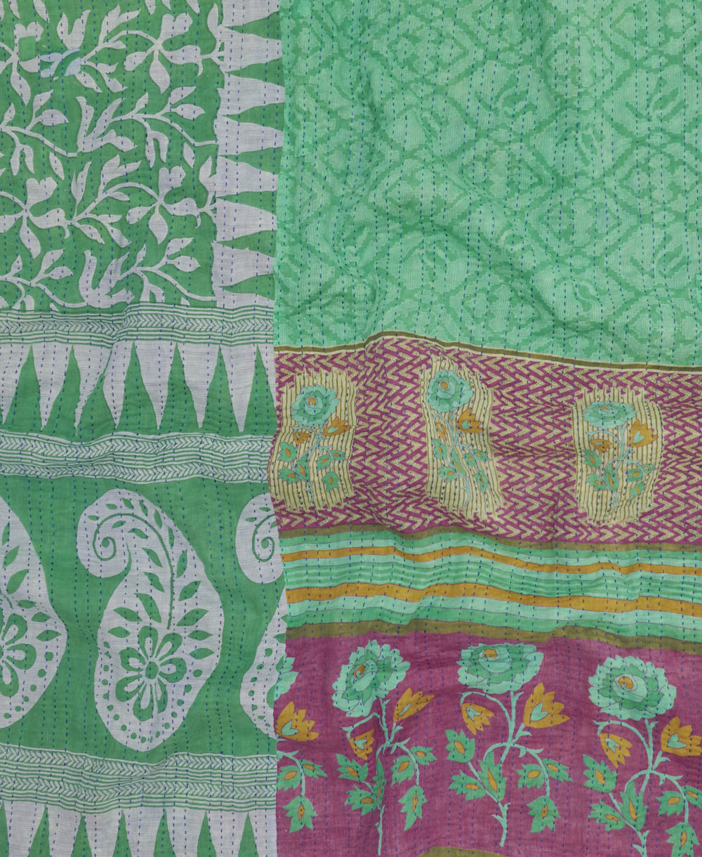 queen kantha quilt made from upcycled vintage cotton saris in India by women artisans