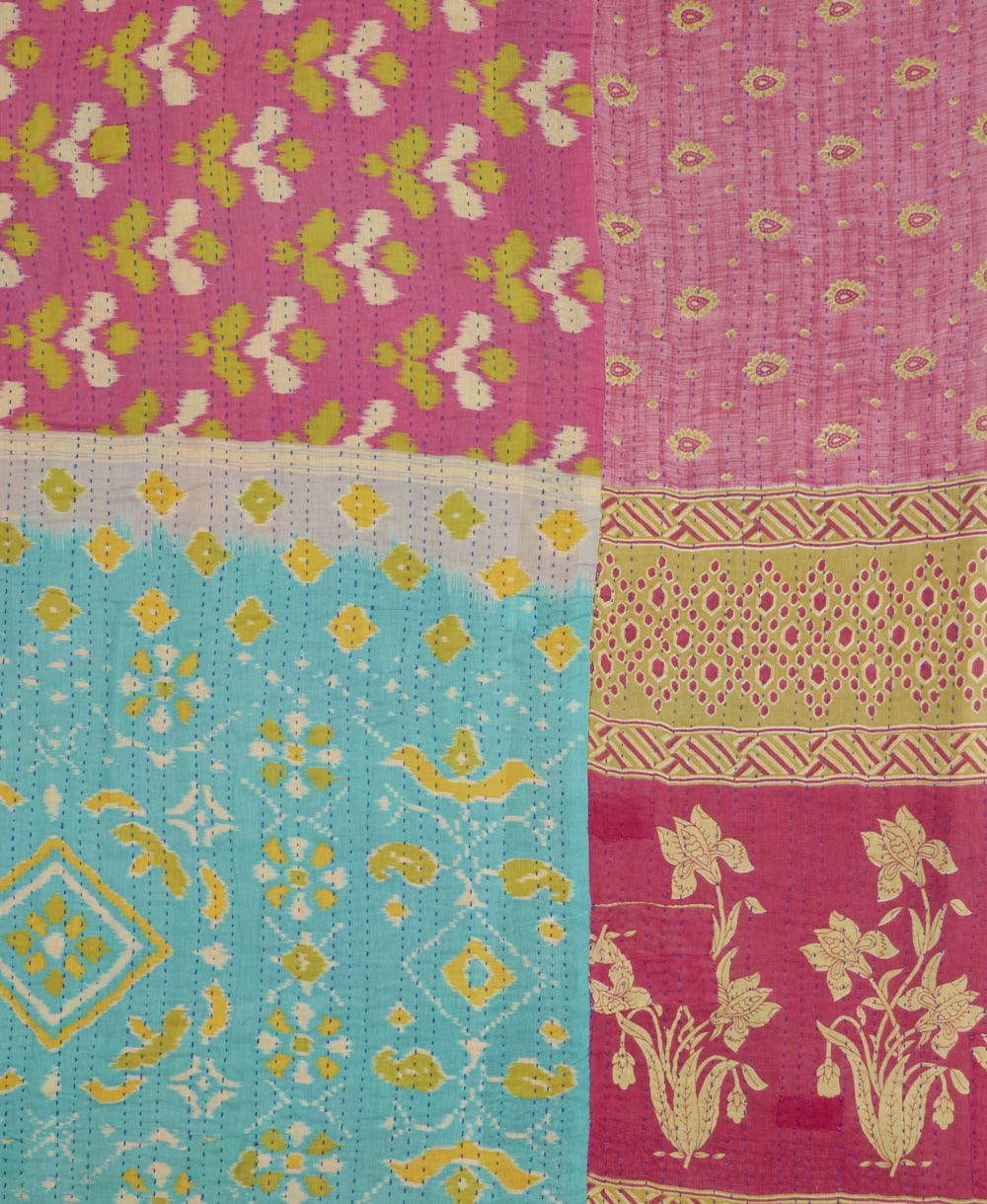queen kantha quilt made from upcycled vintage cotton saris in India by women artisans