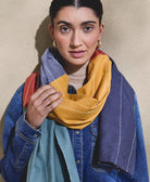 organic cotton rainbow long scarf handmade in India by women artisans and hand-embroidered with white stitching