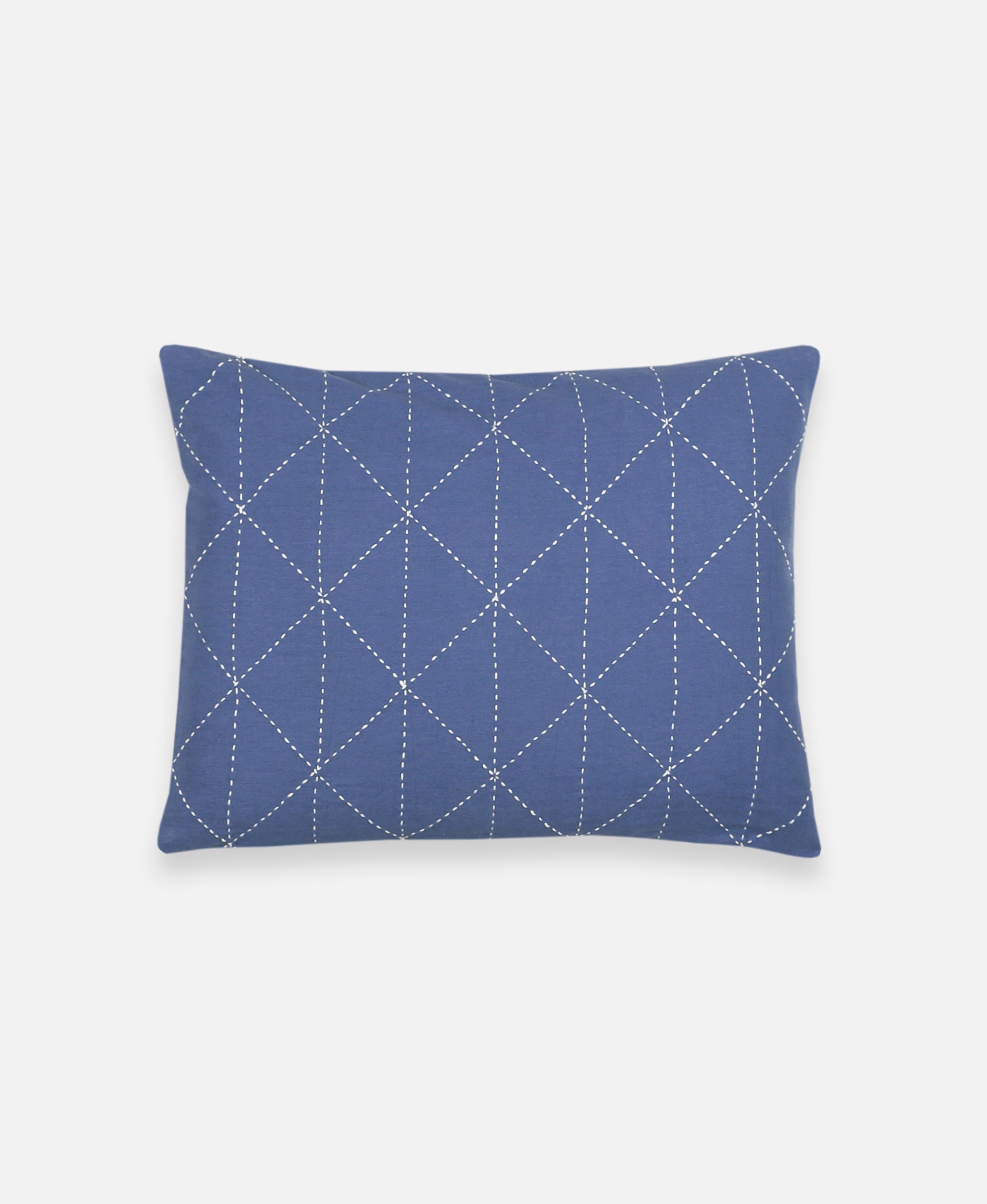 slate blue graph small pillow with white kantha embroidery made from organic cotton