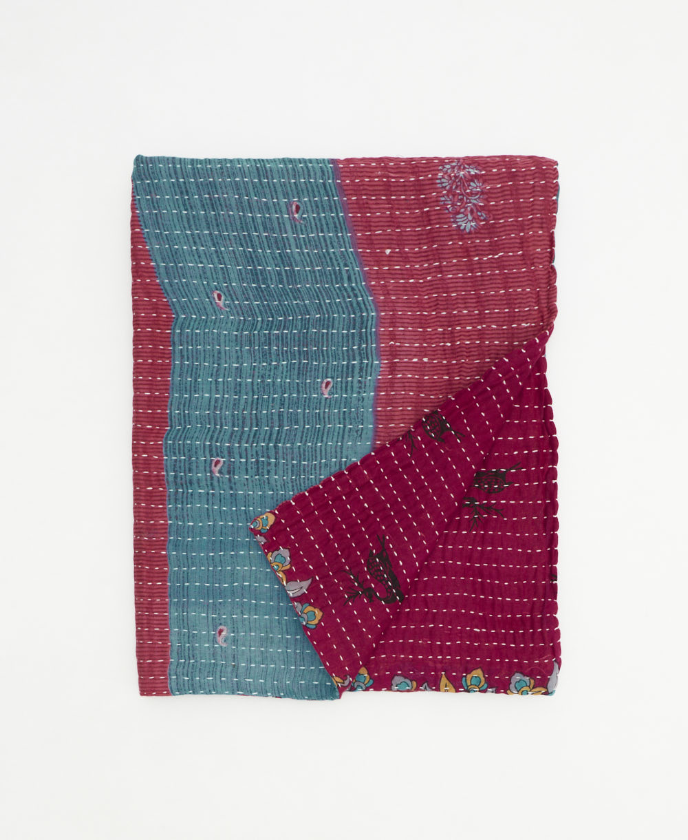 small kantha quilt handmade in India by women artisans from vintage cotton saris