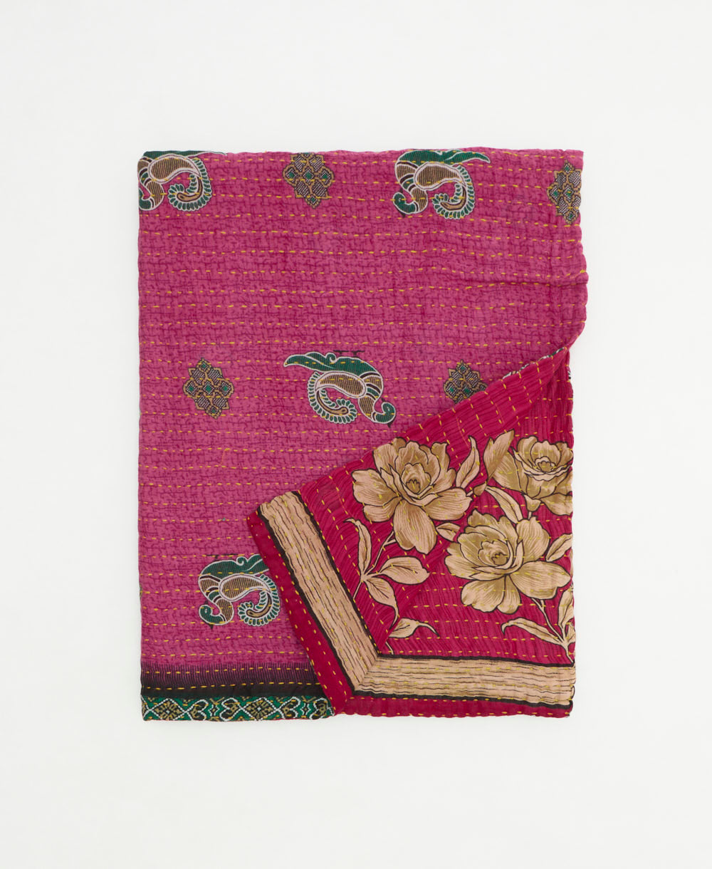 small kantha quilt handmade in India by women artisans from vintage cotton saris