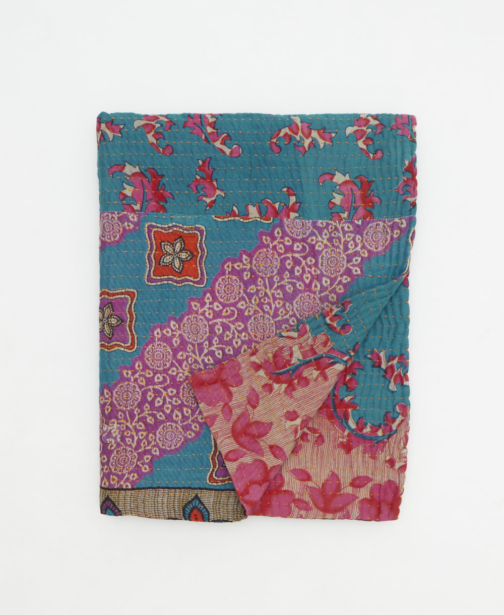 small kantha quilt handmade in India by women artisans from vintage cotton saris