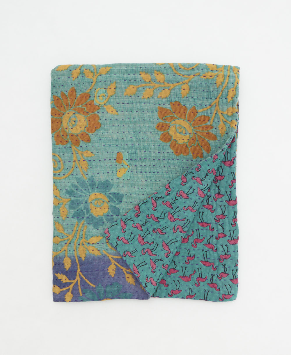 small kantha quilt handmade in India by women artisans from vintage cotton saris