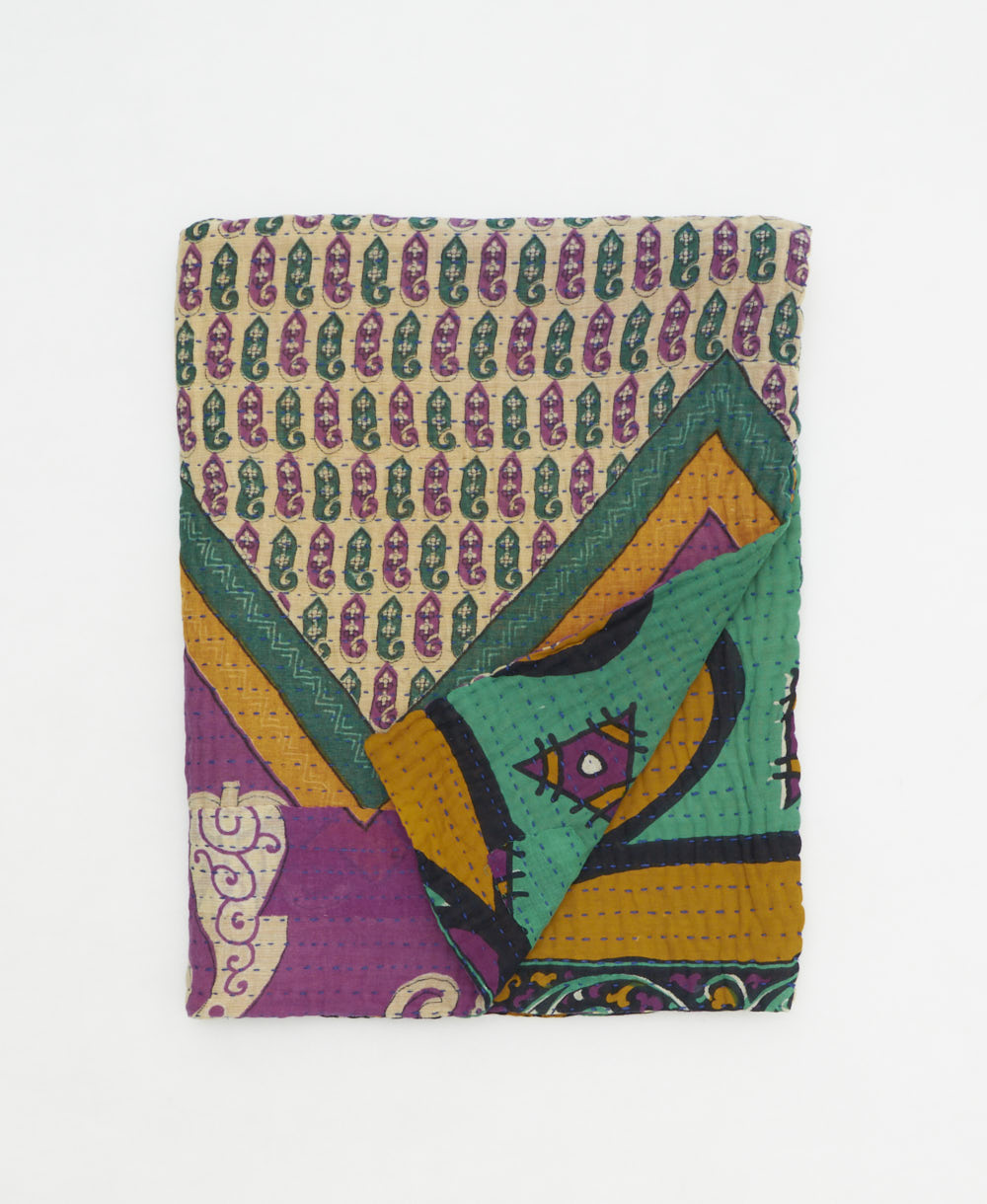 small kantha quilt handmade in India by women artisans from vintage cotton saris