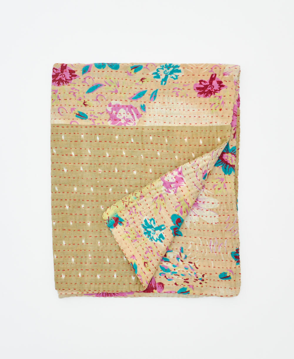 small kantha quilt handmade in India by women artisans from vintage cotton saris
