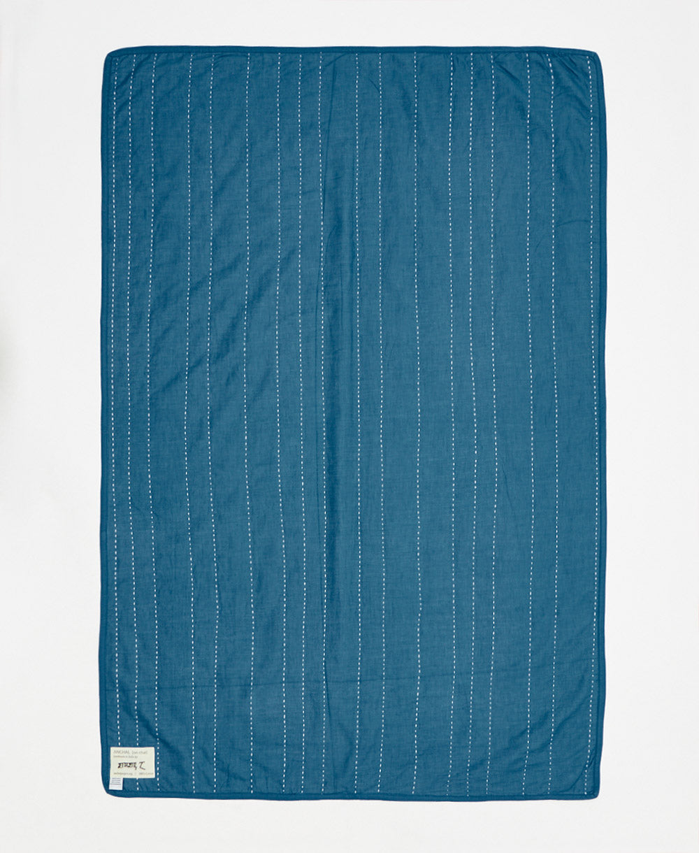 Blue quilt with white stitching on a white background