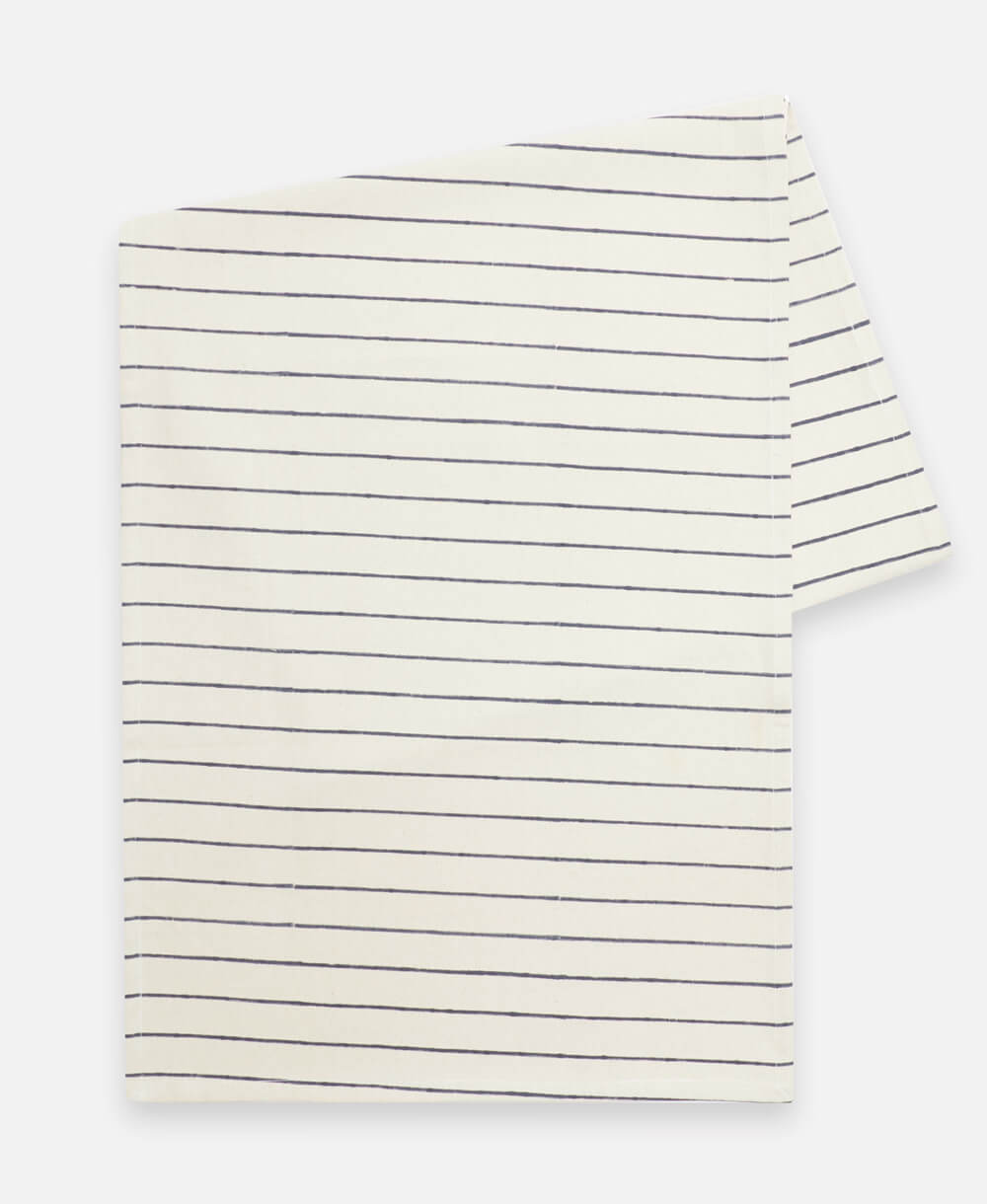 white and navy striped block print table runner handmade in India from organic cotton