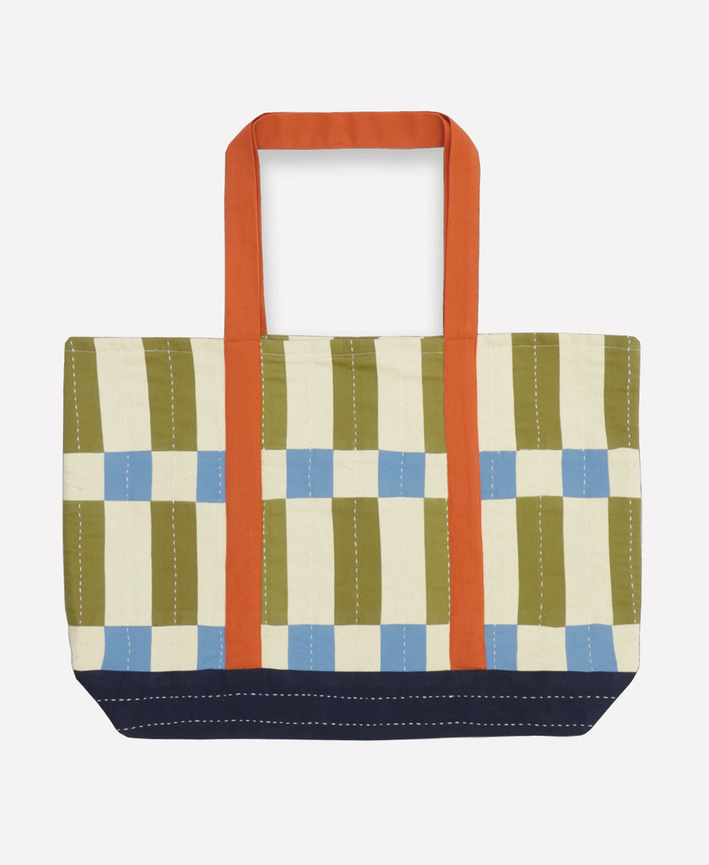 checkered canvas tote handmade in India by women artisans