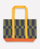 Tote bag with green and orange checkered pattern on a white background