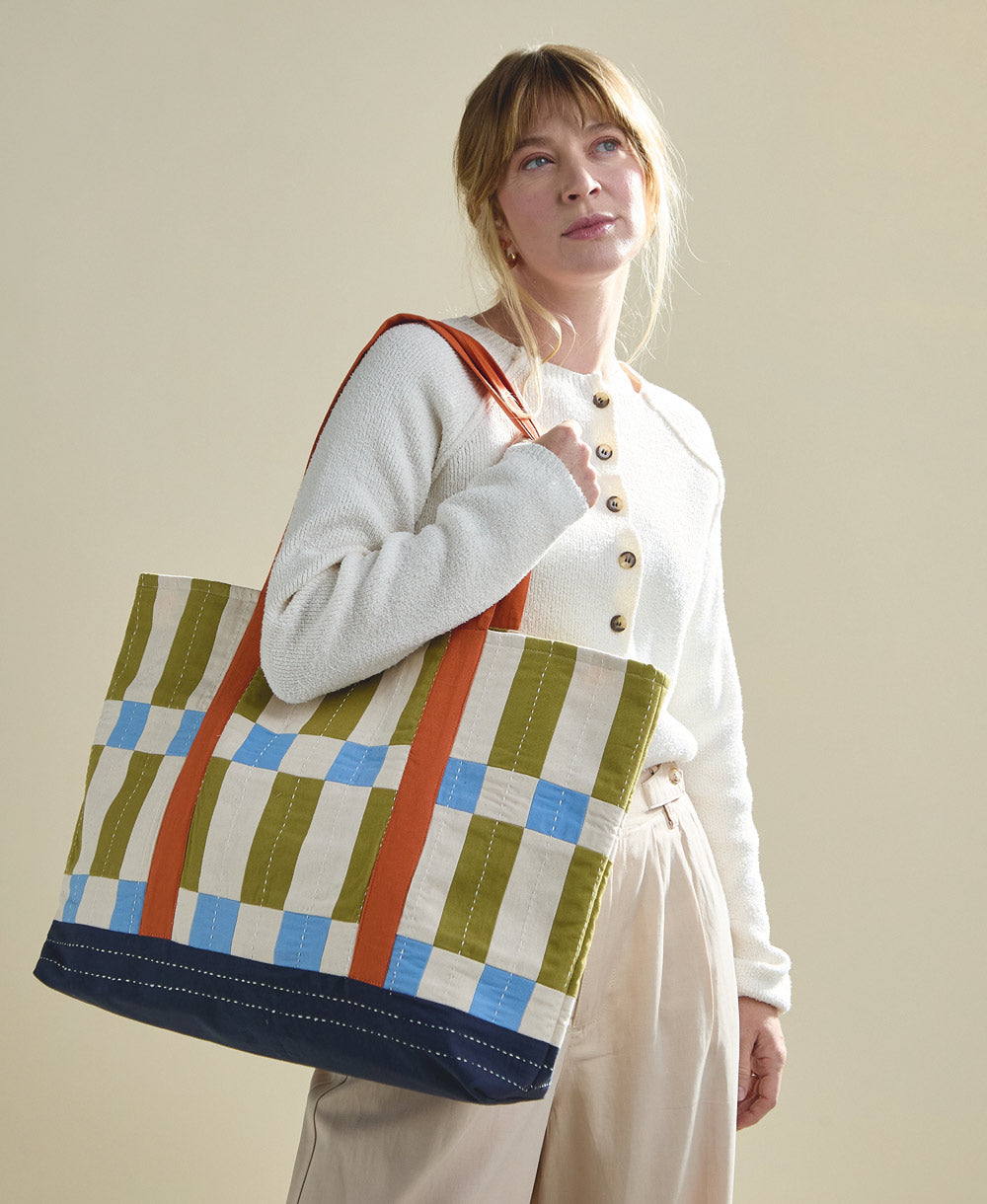 checkered canvas tote bag in blue, olive green, sky blue and orange