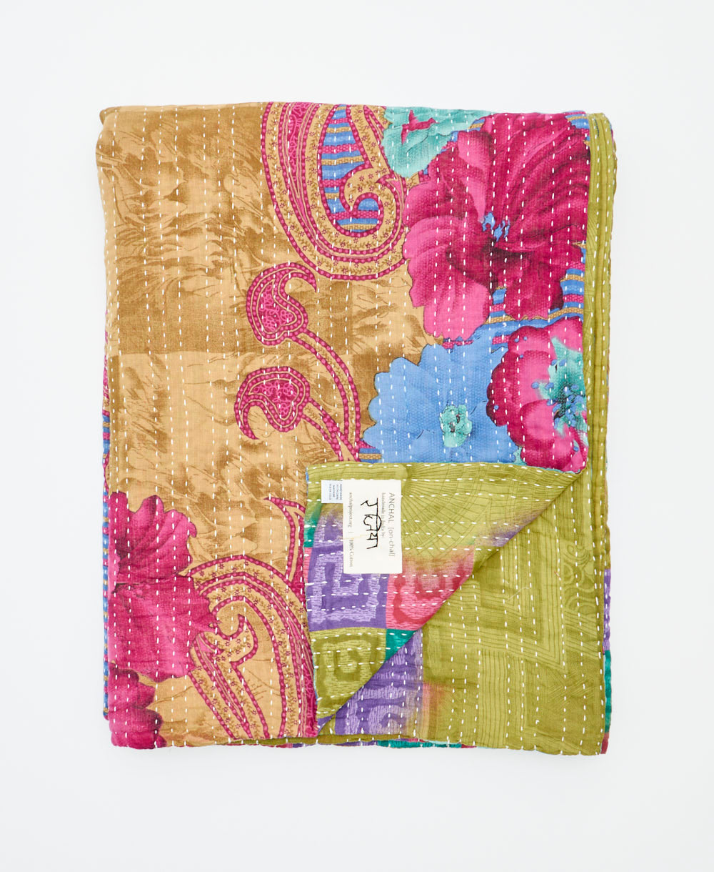 soft twin kantha blanket made from upcycled vintage cotton saris