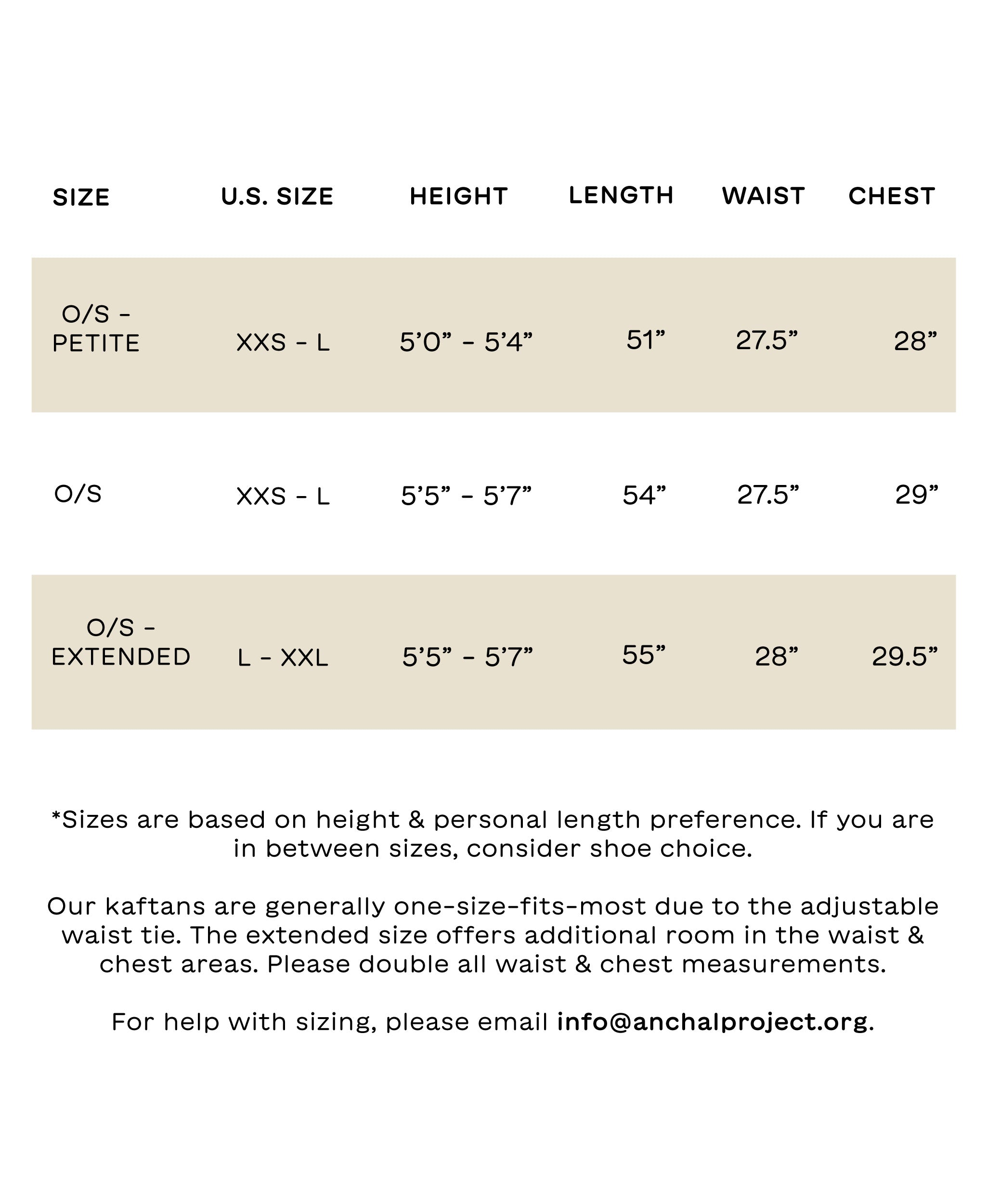 block print kaftan size chart