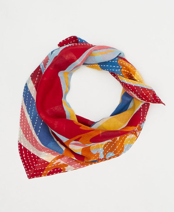 artisan-made vintage cotton bandana in a red, yellow, and blue wavy striped design
