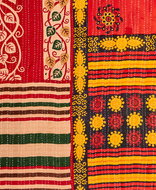 red and yellow king kantha quilt handmade in India from upcylced vintage saris