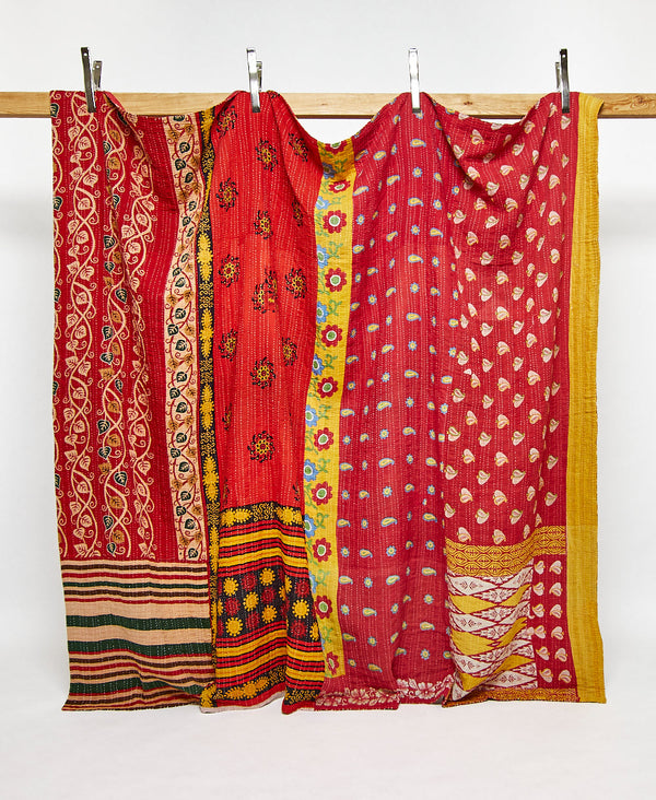 King kantha quilt in red and yellow paisley pattern handmade in India
