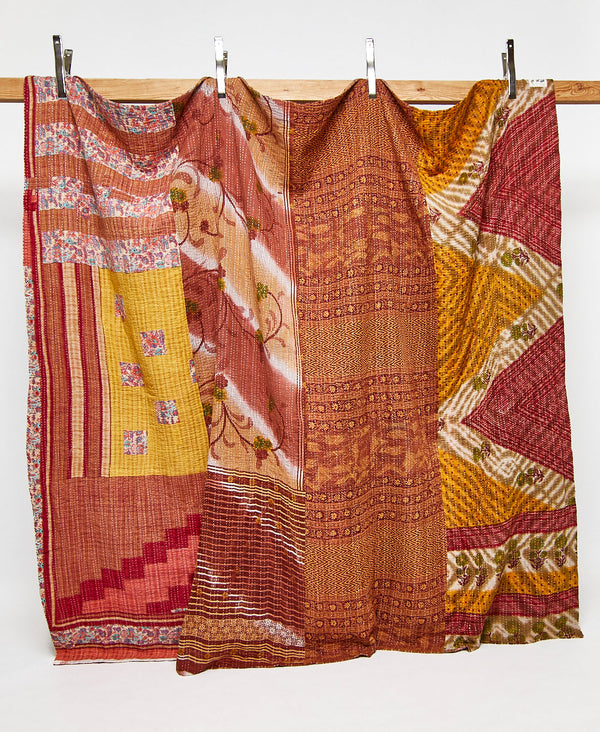 King kantha quilt in a terracotta geometric pattern handmade in India
