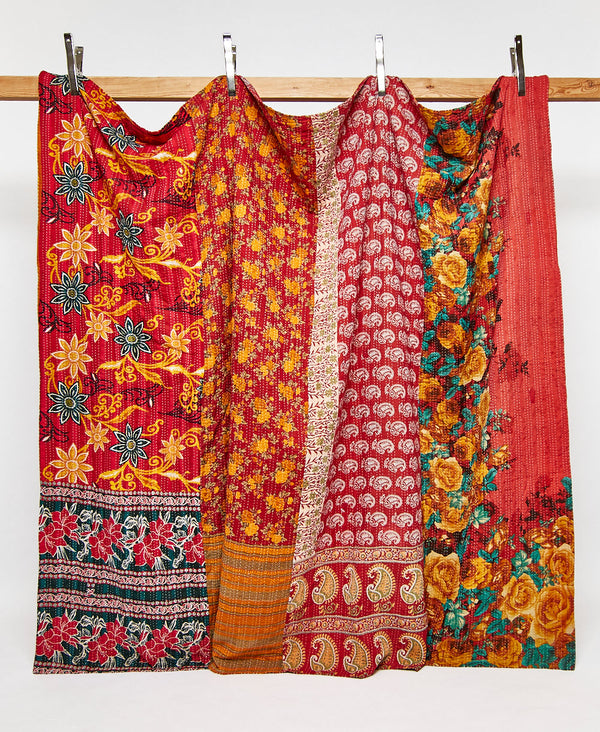 King kantha quilt in a bold floral  pattern handmade in India

