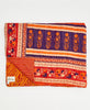  Artisan-made king kantha quilt in an orange paisley design made from upcycled saris
