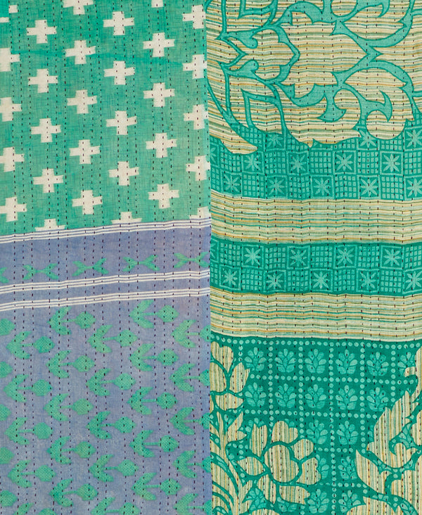 Teal paisley kantha bedding quilt ethically made from vintage cotton fabric
