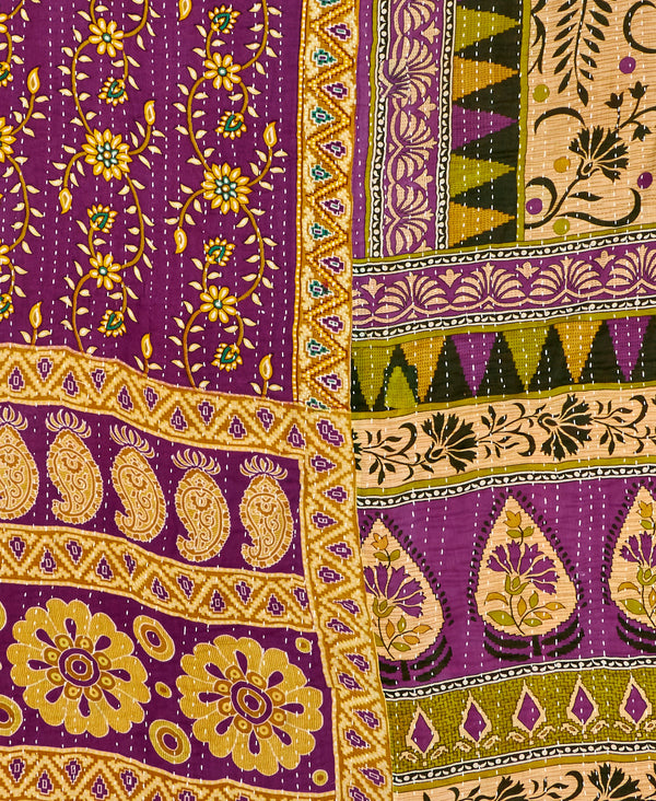 Purple geometric kantha bedding quilt ethically made from vintage cotton fabric
