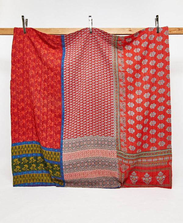 Queen kantha quilt in red and blue paisley pattern handmade in India
