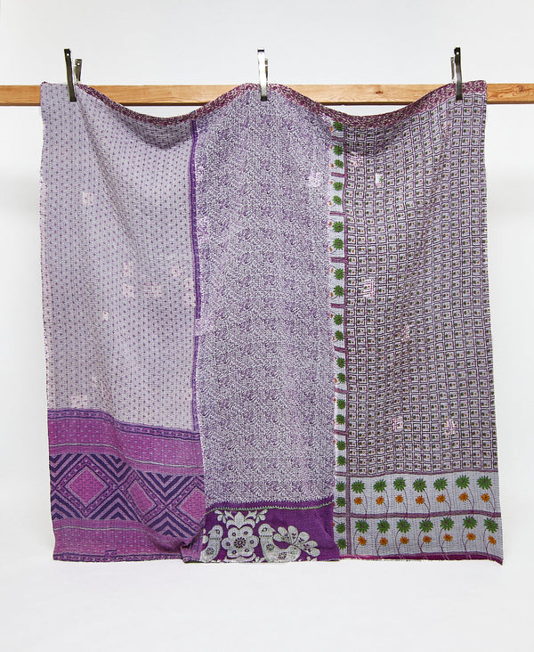Queen kantha quilt in  purple geometric pattern handmade in India
