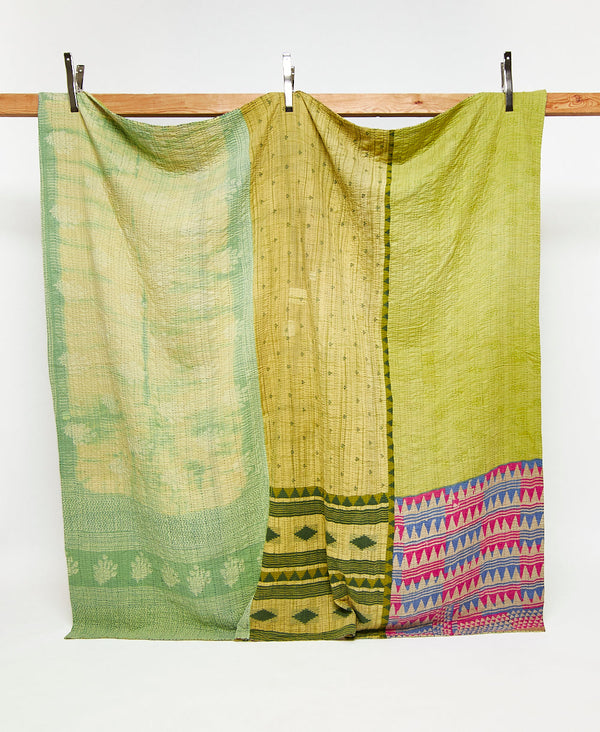 Queen kantha quilt in a green geometric  pattern handmade in India
