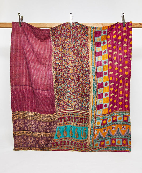 Queen kantha quilt in a burgundy paisley pattern handmade in India
