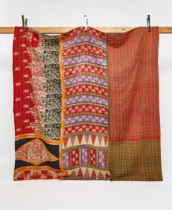Queen kantha quilt in a bold geometric pattern handmade in India
