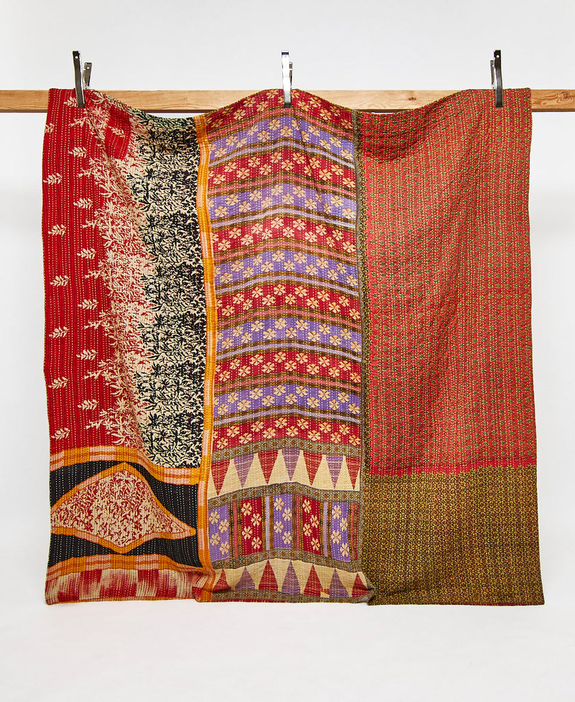 Queen kantha quilt in a bold geometric pattern handmade in India
