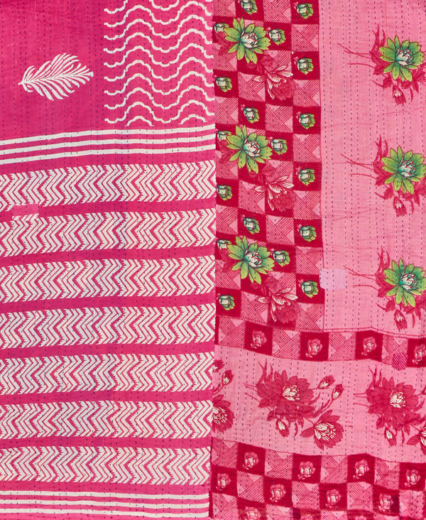 Pink floral kantha bedding quilt ethically made from vintage cotton fabric
