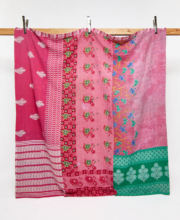 Queen kantha quilt in pink floral pattern handmade in India

