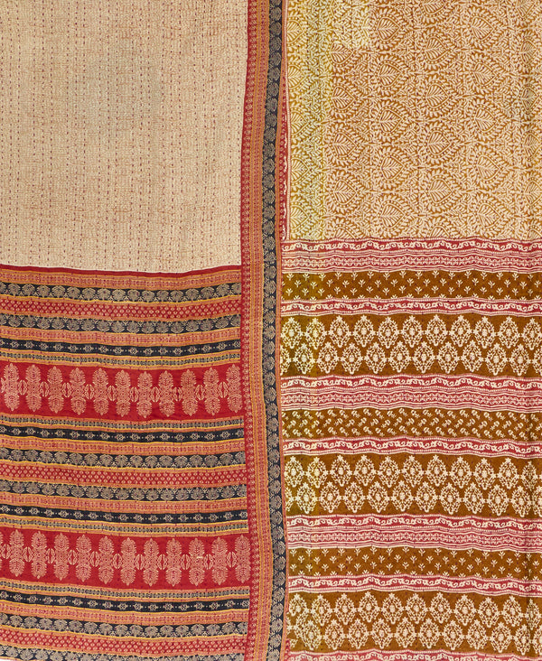 Beige and red traditional kantha bedding quilt ethically made from vintage cotton fabric
