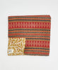 Artisan-made queen kantha quilt in beige and red traditional design made from upcycled saris
