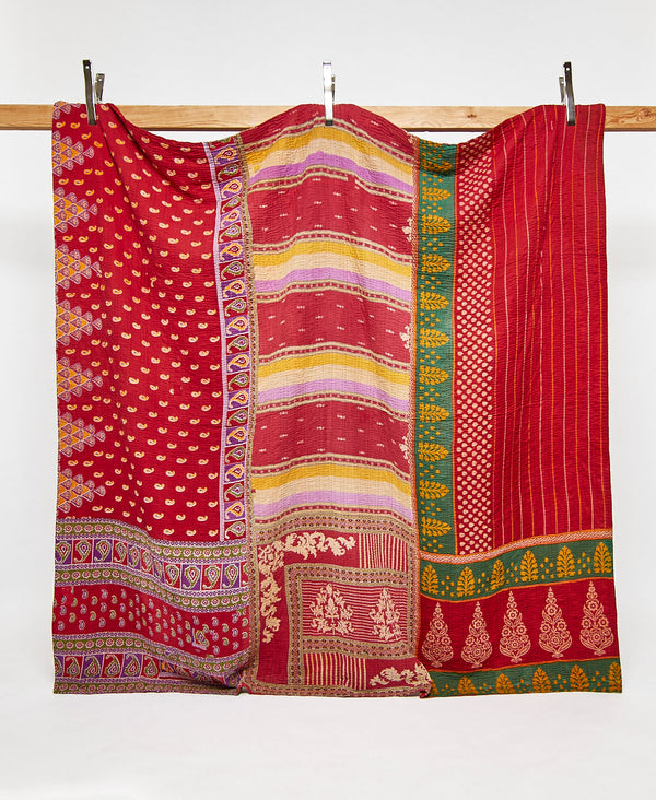 Queen kantha quilt in red paisley pattern handmade in India
