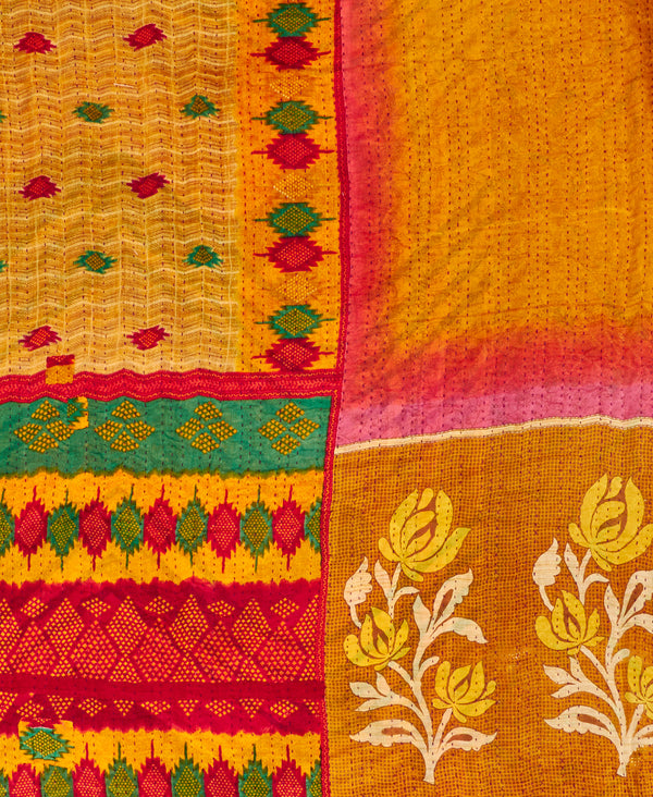 yellow and pink geometric kantha bedding quilt ethically made from vintage cotton fabric
