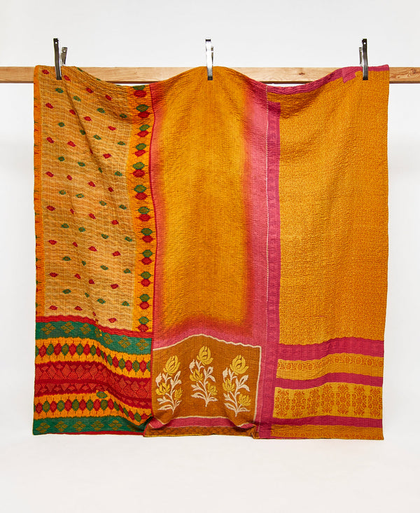 Queen kantha quilt in yellow and pink geometric pattern handmade in India
