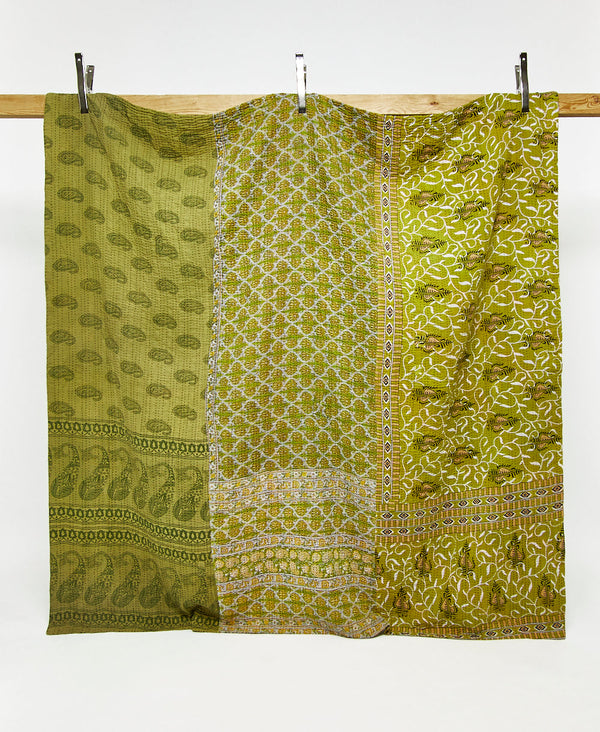 Queen kantha quilt in a green paisley pattern handmade in India
