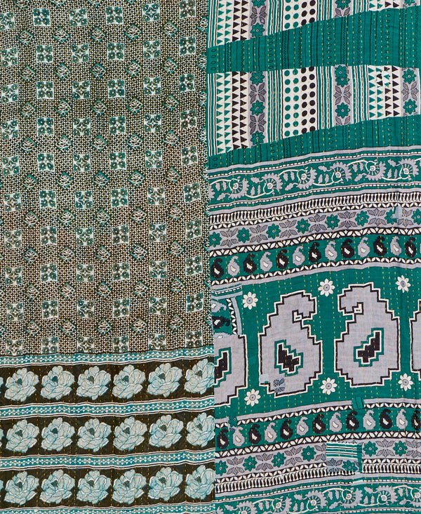 Teal geometric kantha bedding quilt ethically made from vintage cotton fabric
