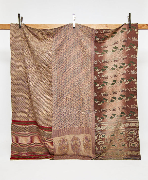 Queen kantha quilt in neutral geometric pattern handmade in India
