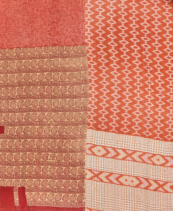 orange geometric kantha bedding quilt ethically made from vintage cotton fabric
