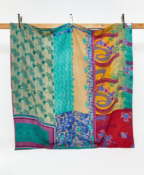 Queen kantha quilt in a blue abstract  pattern handmade in India
